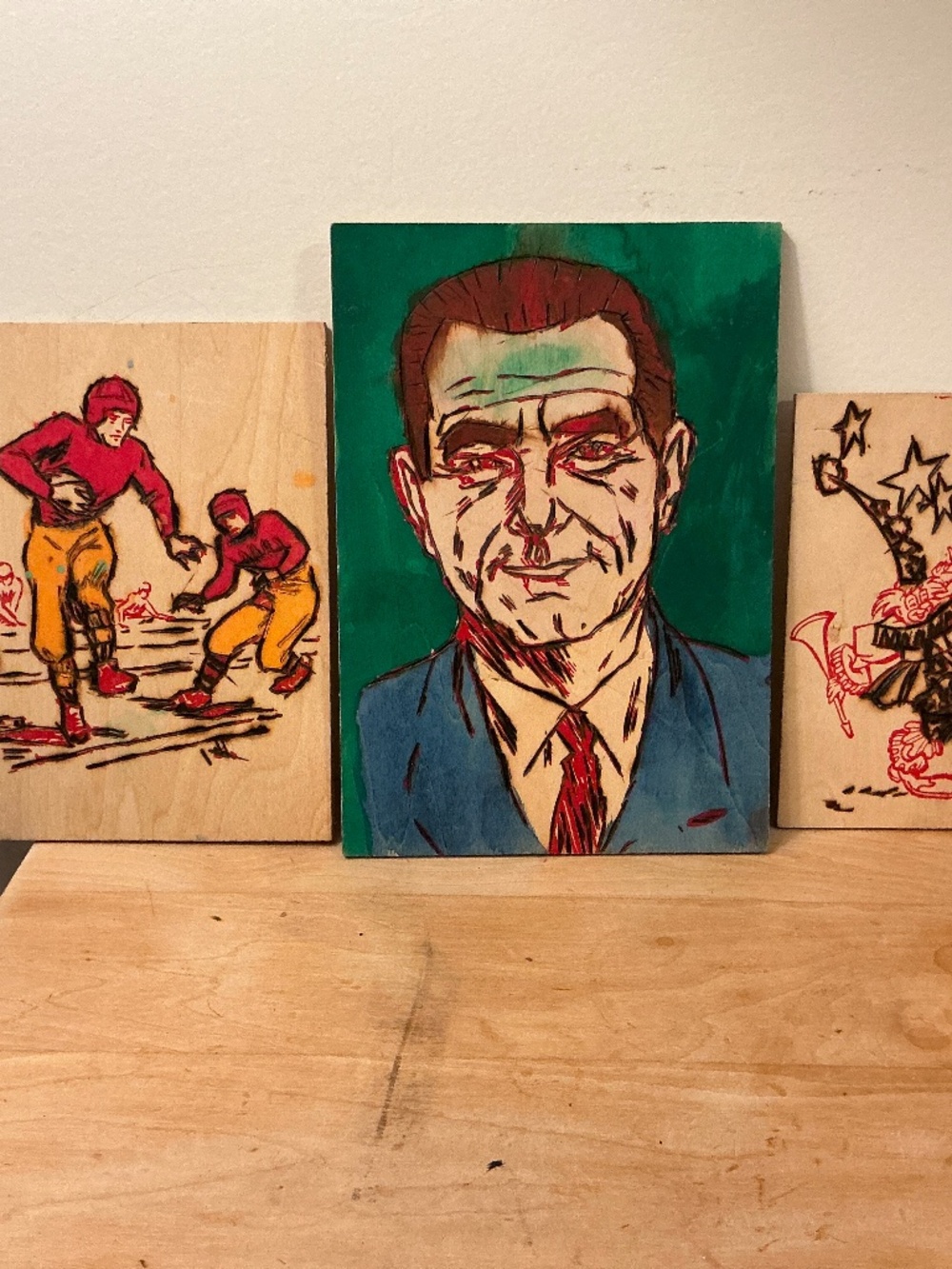 Wood Art Prints Burned Etching Hand Colored, Vintage Football, Clowns, Man